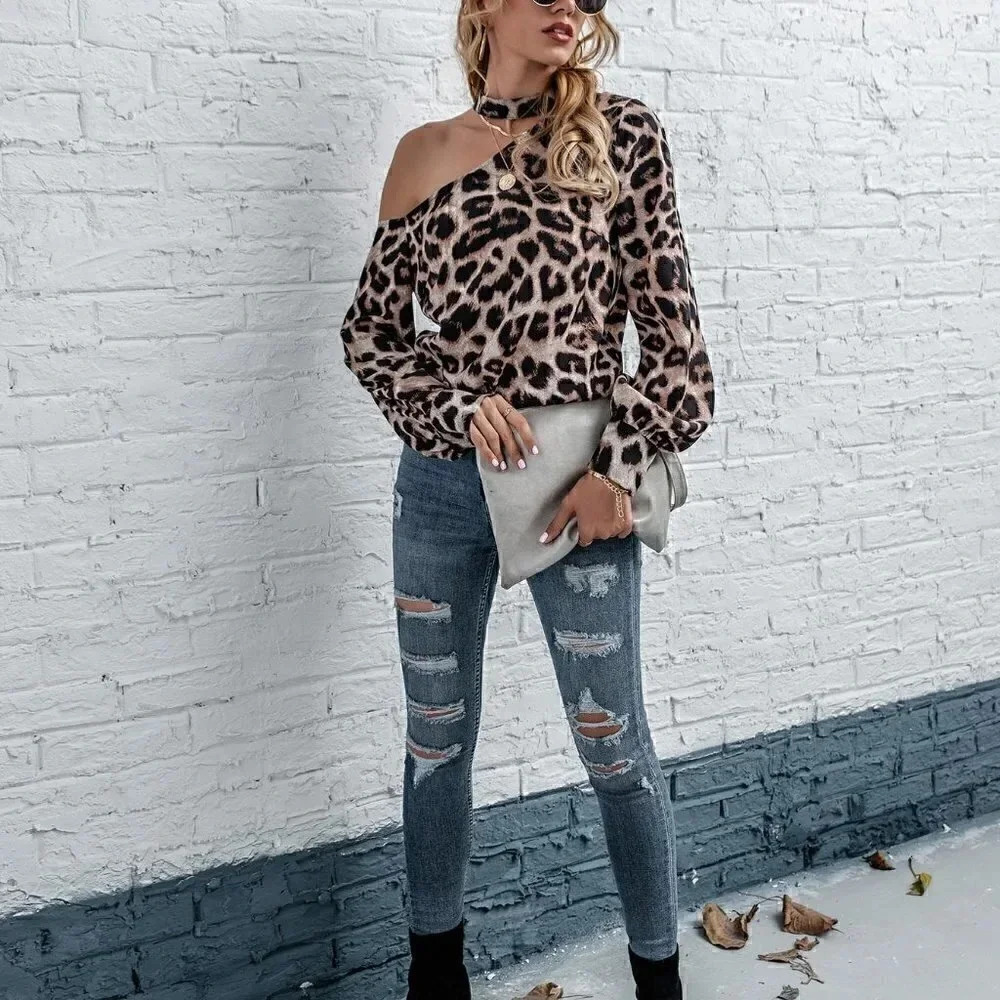 Tan Casual Womens Leopard Asymmetrical Neck Blouse